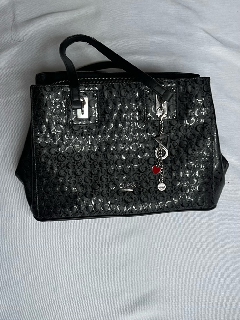 GUESS Black Patent Satchel Bag Purse Logo Pattern Charm Accent Silver Hardware